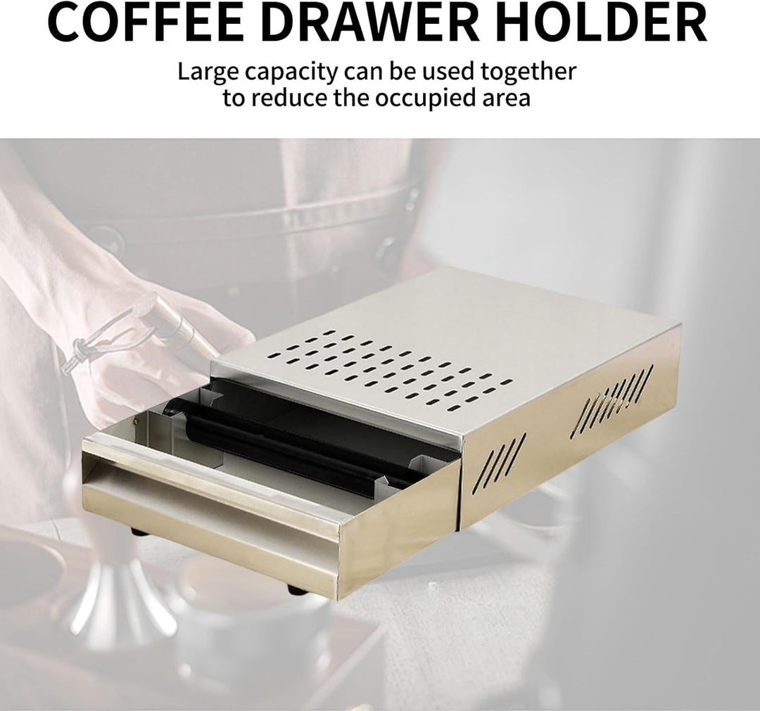 Espresso Abklopfbehälter mit Schublade – Edelstahl Knock Box mit Gummistange & Anti-Rutsch-Füssen, S