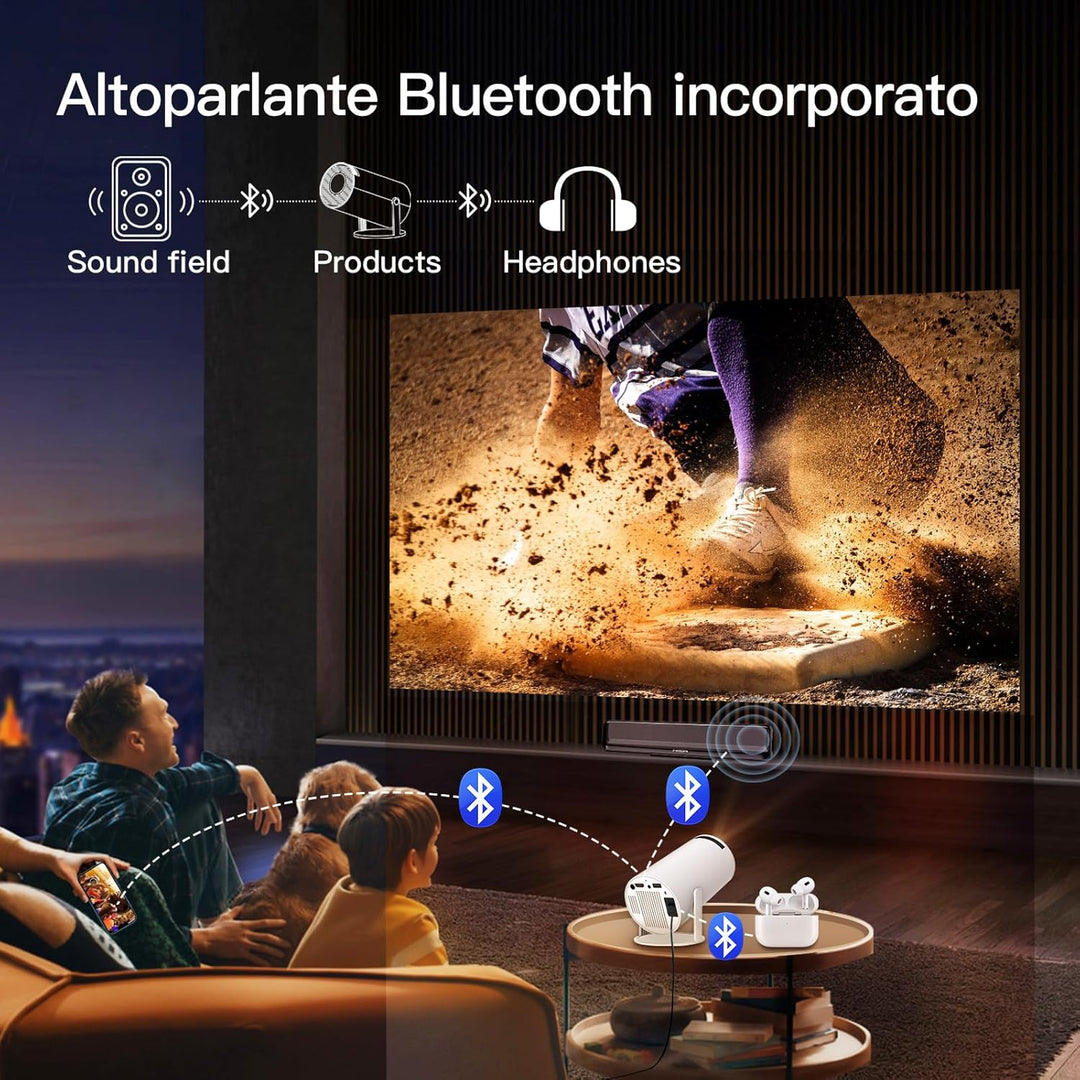 Mini Beamer mit Android TV mit Bluetooth & WiFi 6, Auto Keystone Portable Projektor, 180° Rotation,