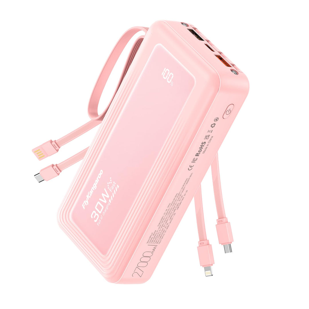 Powerbank 27000mAh mit 4 integrierten Kabel, 30W Power Bank USB C Schnellladefunktion mit LED Displa