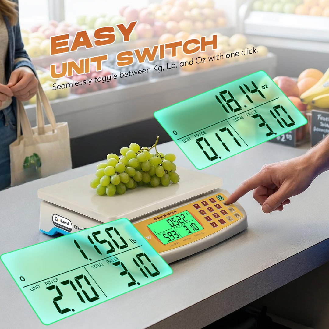 CGOLDENWALL Digitale Küchenwaage 30kg/1g Kommerzielle Preisberechnungswaage, KG/LB/OZ Umstellung, LC