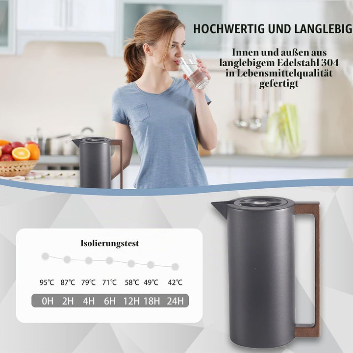 Thermoskanne Kaffeekannen Edelstahl Vakuum Isolations, Mit Holzgriff Und Einfachem Sicherheitsdruckk