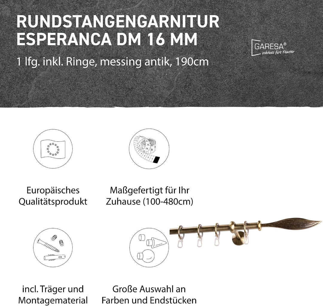 Garesa Gardinenstange Esperanca Ø 16mm, 1-läufig, Messing, antik I Rustikale Vorhangstange inkl. Rin