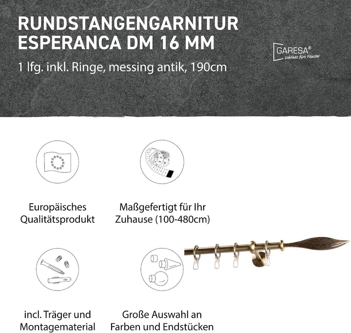 Garesa Gardinenstange Esperanca Ø 16mm, 1-läufig, Messing, antik I Rustikale Vorhangstange inkl. Rin
