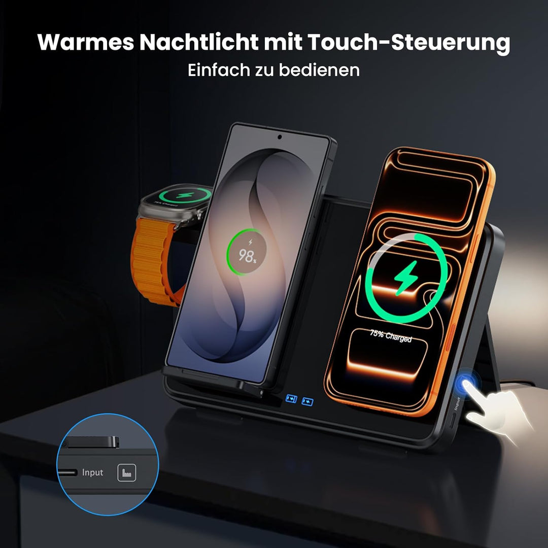 Dual Induktive Ladestation für iPhone & Samsung – Faltbarer 4-in-1 Wireless Charger mit Nachtlicht f