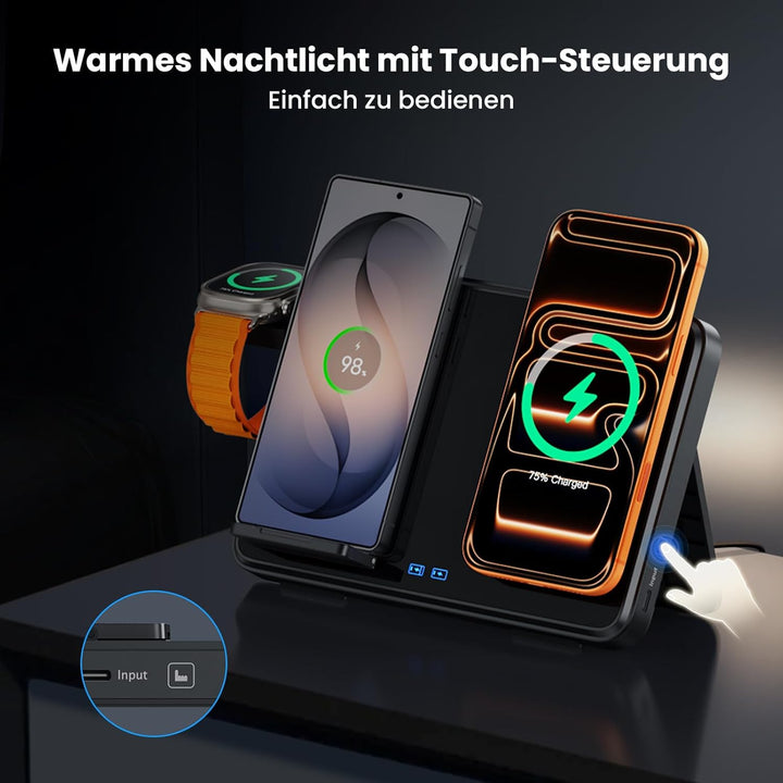 Dual Induktive Ladestation für iPhone & Samsung – Faltbarer 4-in-1 Wireless Charger mit Nachtlicht f