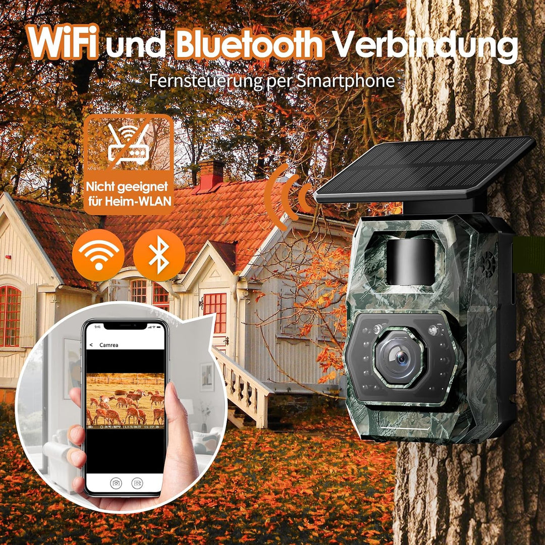 WLAN Wildkamera mit Handyübertragung App - Wildtierkamera mit Nachtsicht Bewegungsmelder Solar Wildk