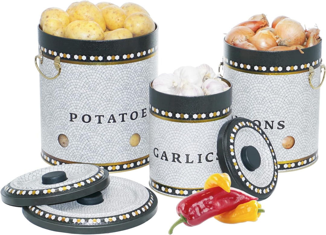 Lashuma Kartoffel Behälter Set, Grosse Knoblauchdose mit Deckel, Zwiebelbox Küche rund 22 cm Mosaik,