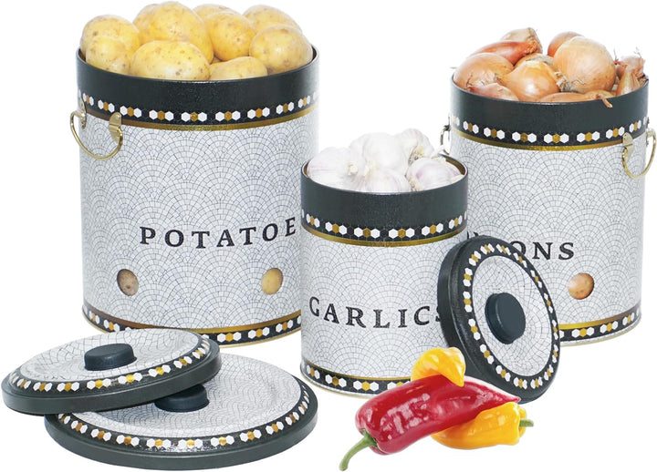 Lashuma Kartoffel Behälter Set, Grosse Knoblauchdose mit Deckel, Zwiebelbox Küche rund 22 cm Mosaik,