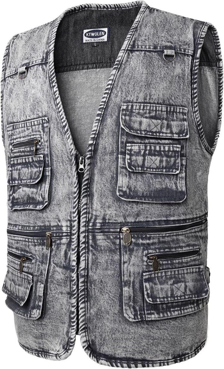 KTWOLEN Herren Outdoor Weste Casual Denim Weste Multi-Taschened Motorradweste Outdoor Ärmellos Angel