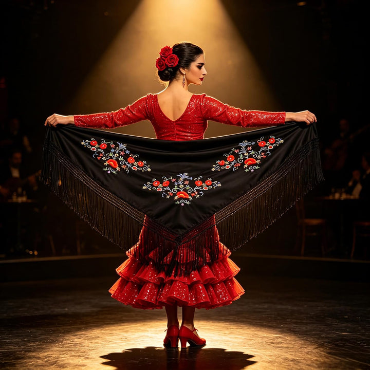 Carnavalife Sevillana Stickerei für Tanzpartys, Flamenco und Ferien, Schwarz / Rot / Weiss, Schwarz