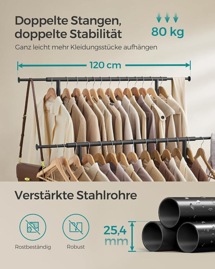 SONGMICS Kleiderständer auf Rollen, doppelte Stangen, ausziehbare Kleiderstangen, Garderobenständer