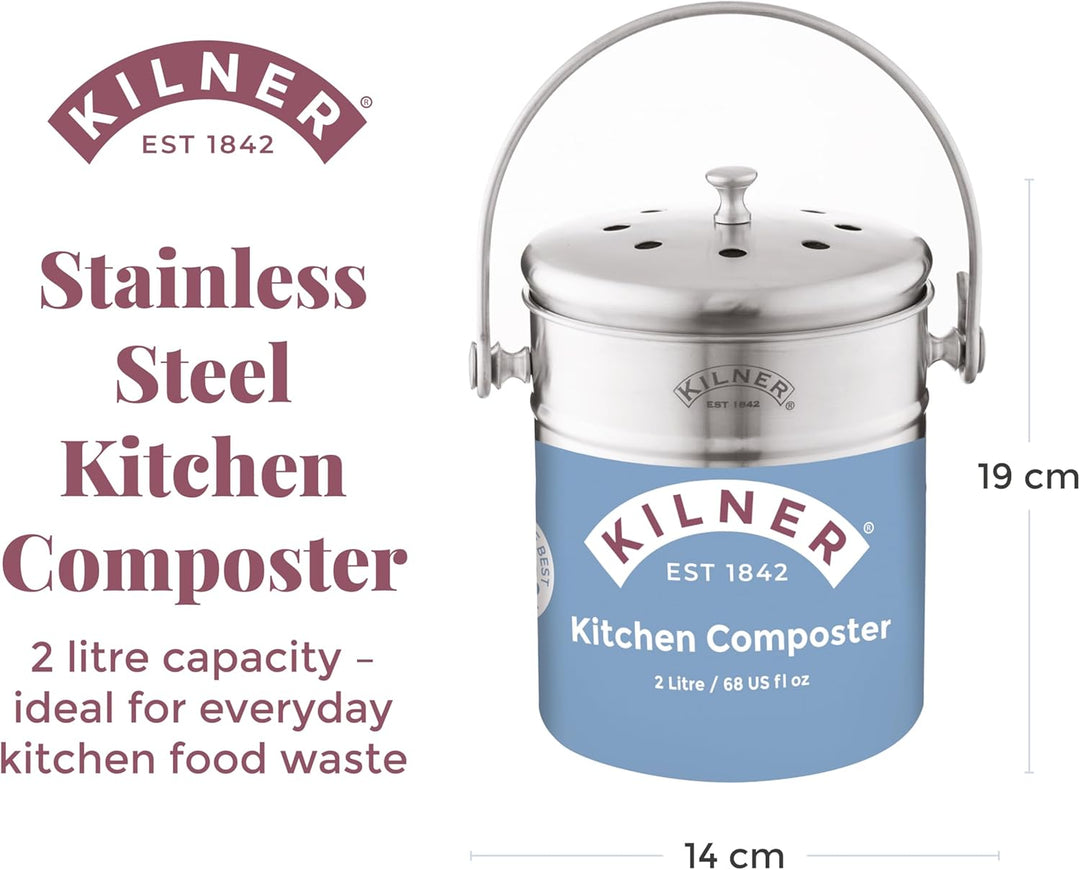 Kilner Küchen Komposter Edelstahl | 2 Liter Biomülleimer Küche | 17,5x14,5x20 cm | Deckel mit Luftlö