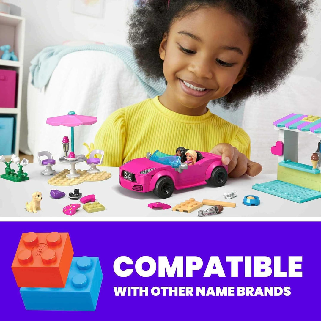 MEGA Barbie Autobauspielzeug Spielset, Cabrio & Eisständer mit 225 Teilen, 2 Mikropuppen und Zubehör