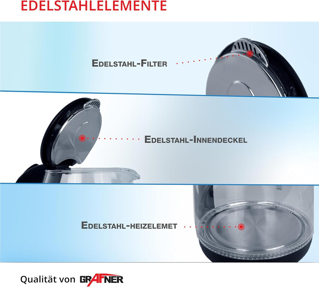 Grafner Design Glas Wasserkocher 1,8 Liter, 1800 Watt, mit blauer LED Beleuchtung, Trockenlaufschutz
