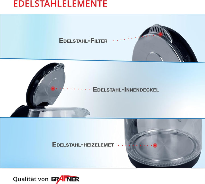 Grafner Design Glas Wasserkocher 1,8 Liter, 1800 Watt, mit blauer LED Beleuchtung, Trockenlaufschutz