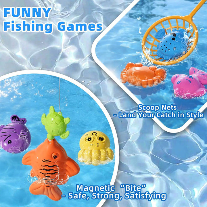 Magnetisches Angelspiel mit Aufblasbarem Pool, 60 Schwimmende Fische, 5 Angelruten &amp; 3 Netze, Baden