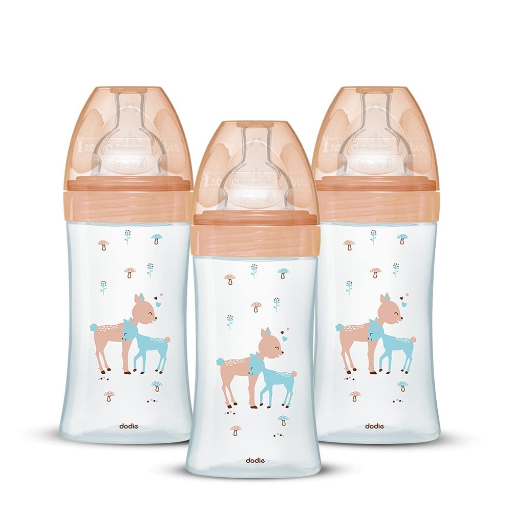 Dodie 3 x Anti-Colic Sensation+ Glasfläschchen, 270 ml, 0 – 6 Monate, flacher Sauger, Durchfluss 2 B