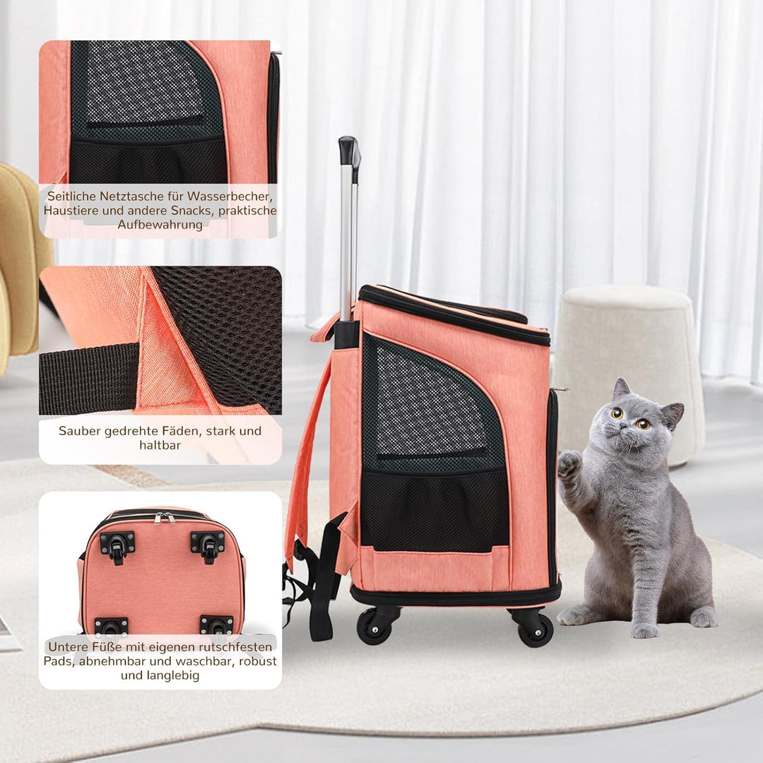 Hunderucksack mit Trolley,Katzenrucksack Trolley Hund Katze bis 10kg Leichte Hundewagen Transportbox