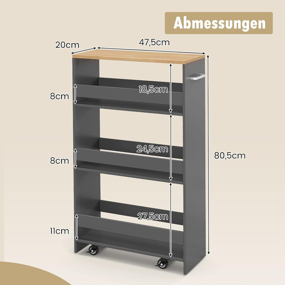 COSTWAY Nischenwagen 20cm breit, 4 Etagen Küchenwagen schmal, Nischenregal auf Rollen, Servierwagen
