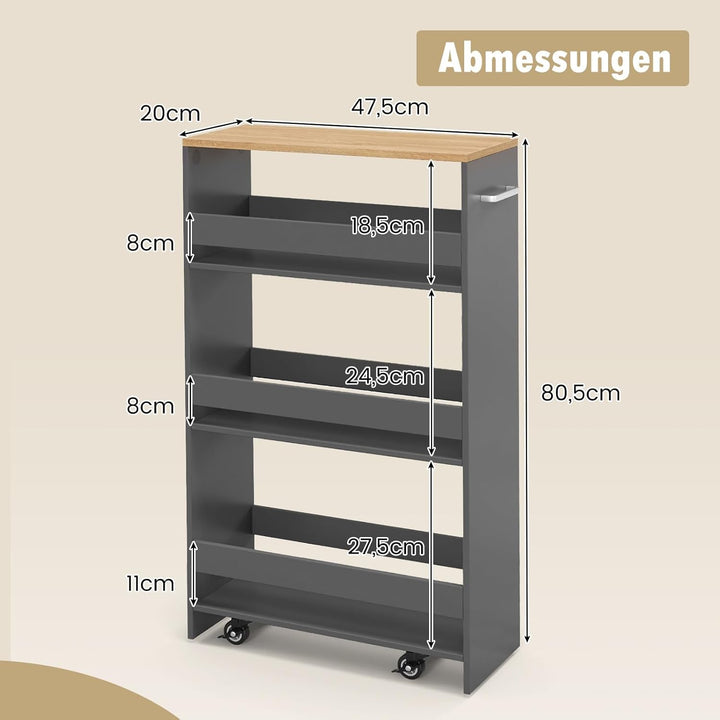COSTWAY Nischenwagen 20cm breit, 4 Etagen Küchenwagen schmal, Nischenregal auf Rollen, Servierwagen
