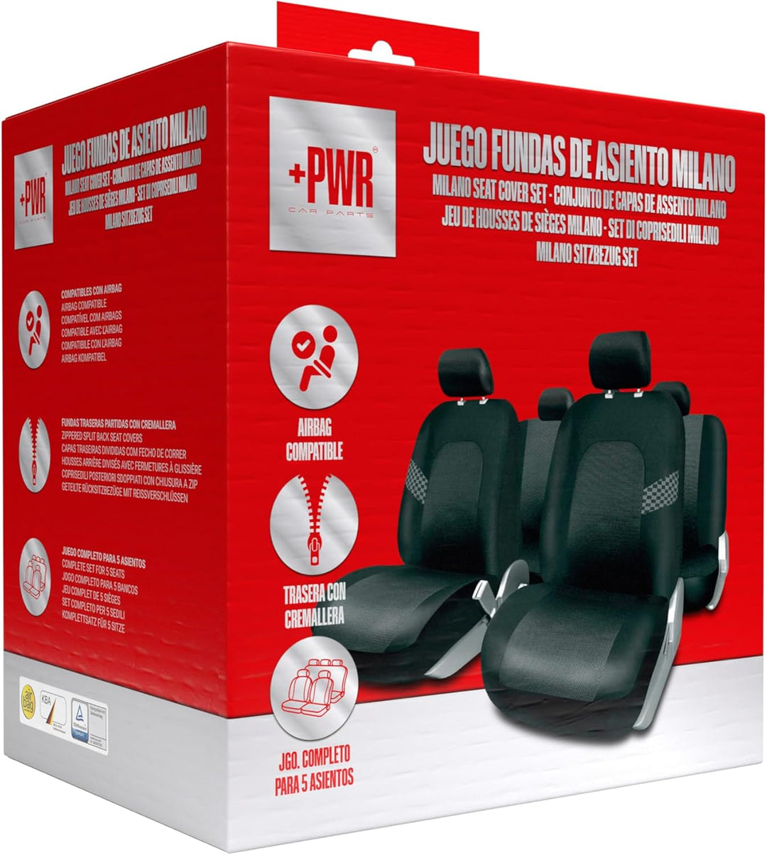 Kompletter Satz Universal-Sitzbezüge Milano Schwarz. Airbag-kompatibel. Rückseite mit Reissverschlus