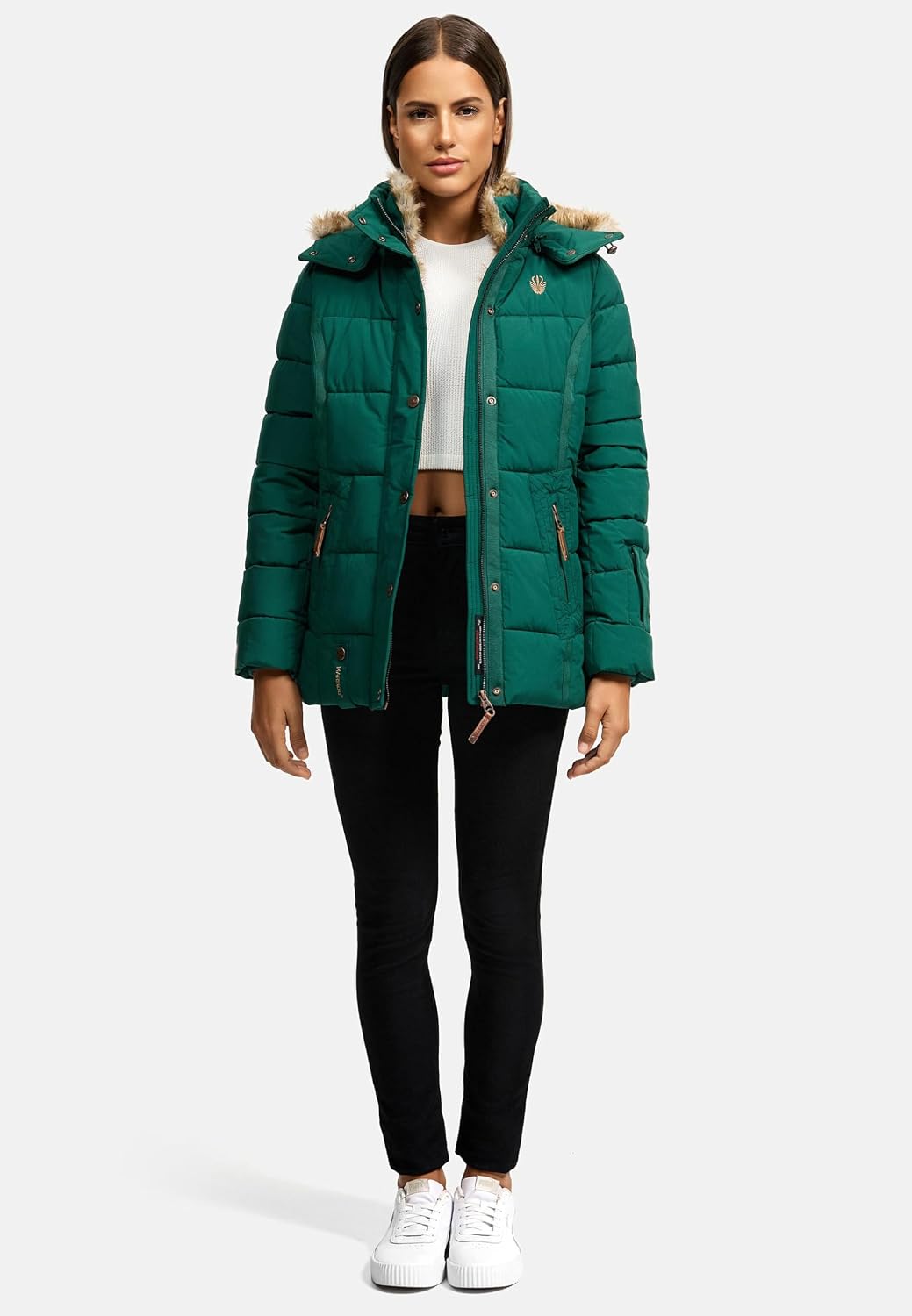 MARIKOO Damen Winterjacke warme Steppjacke mit Kunstfell Innenfutter Nekoo XS-3XL 3XL Evergreen, 3XL