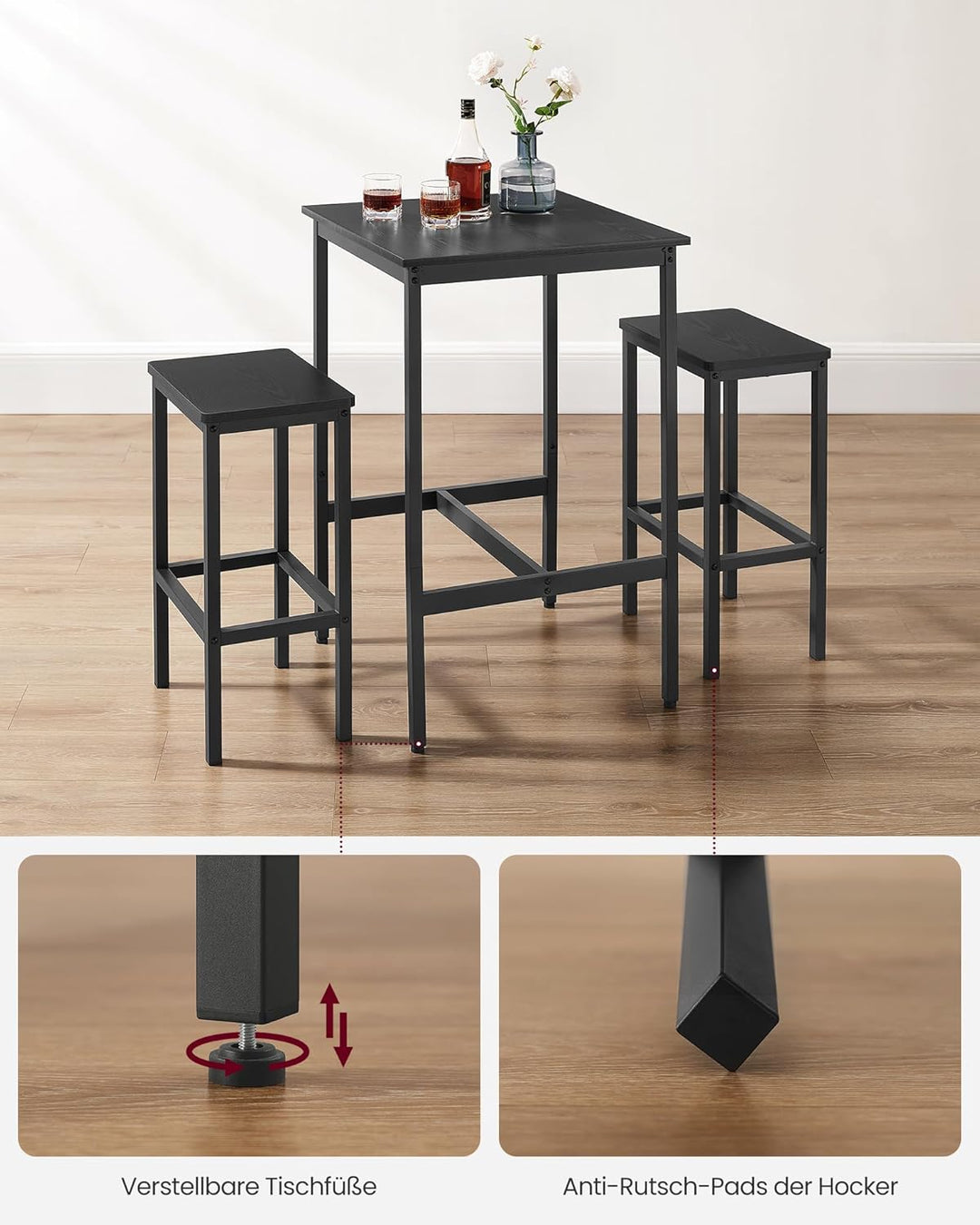 VASAGLE Bartisch mit Barhocker-Set, Esstisch mit 2 Stühlen, Küchentisch klein, Barstühle, für Esszim