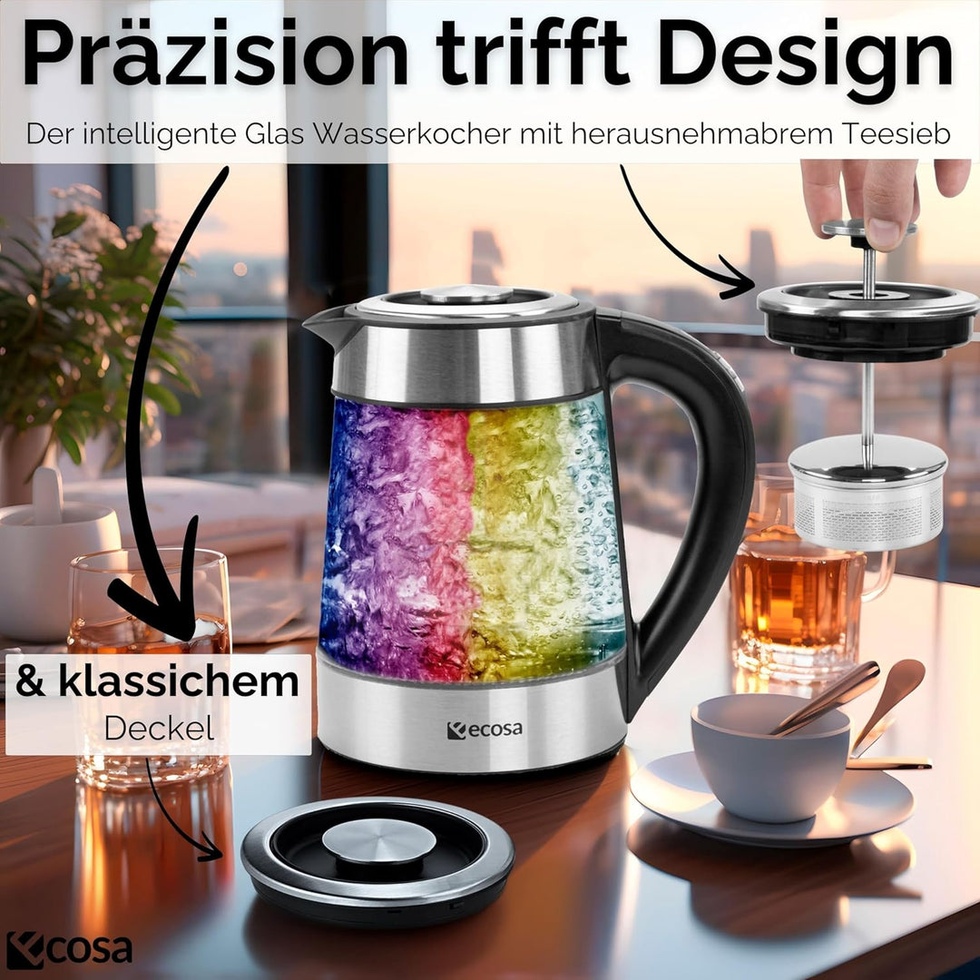 Ecosa® 2in1 Wasserkocher & Teekocher Glas Edelstahl mit Temperatureinstellung & separatem Teesieb Ei