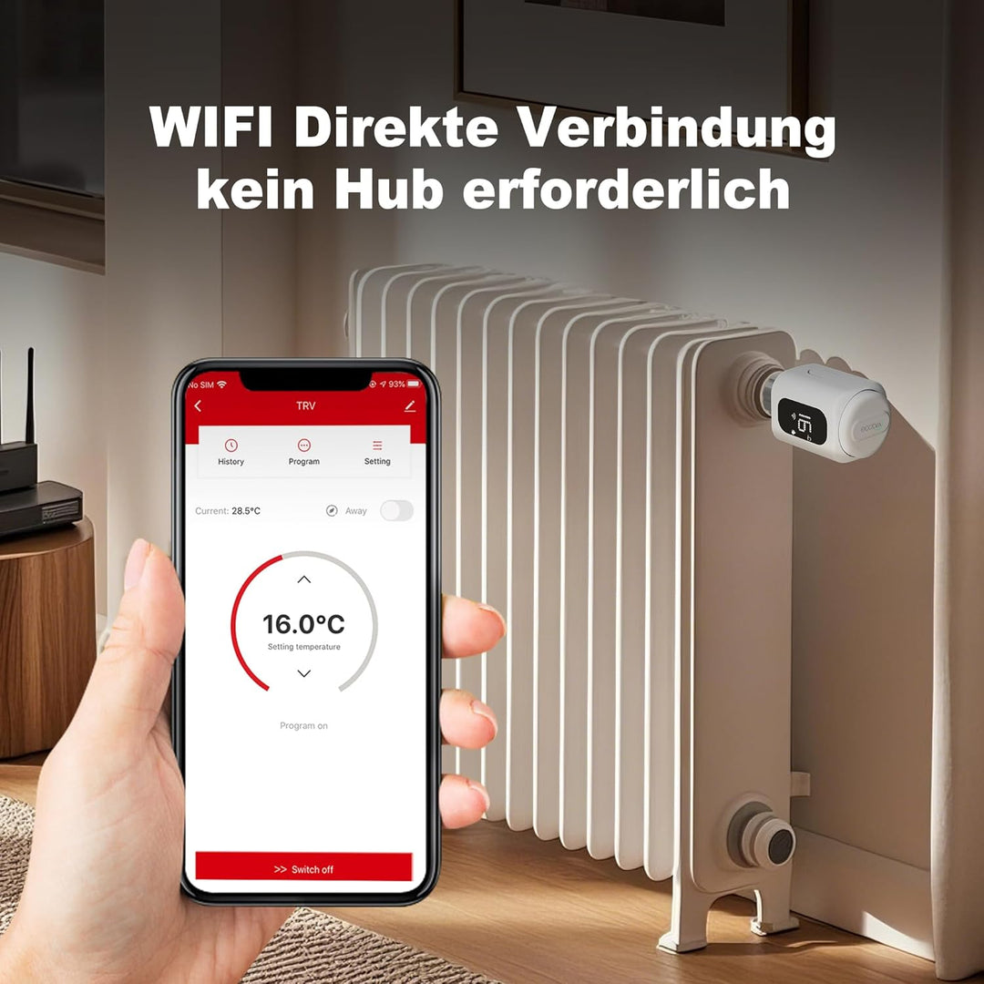 ECOBAY WiFi Heizkörperthermostat, kein Hub erforderlich, smartes TRV, kabelloses Heizungsthermostat,