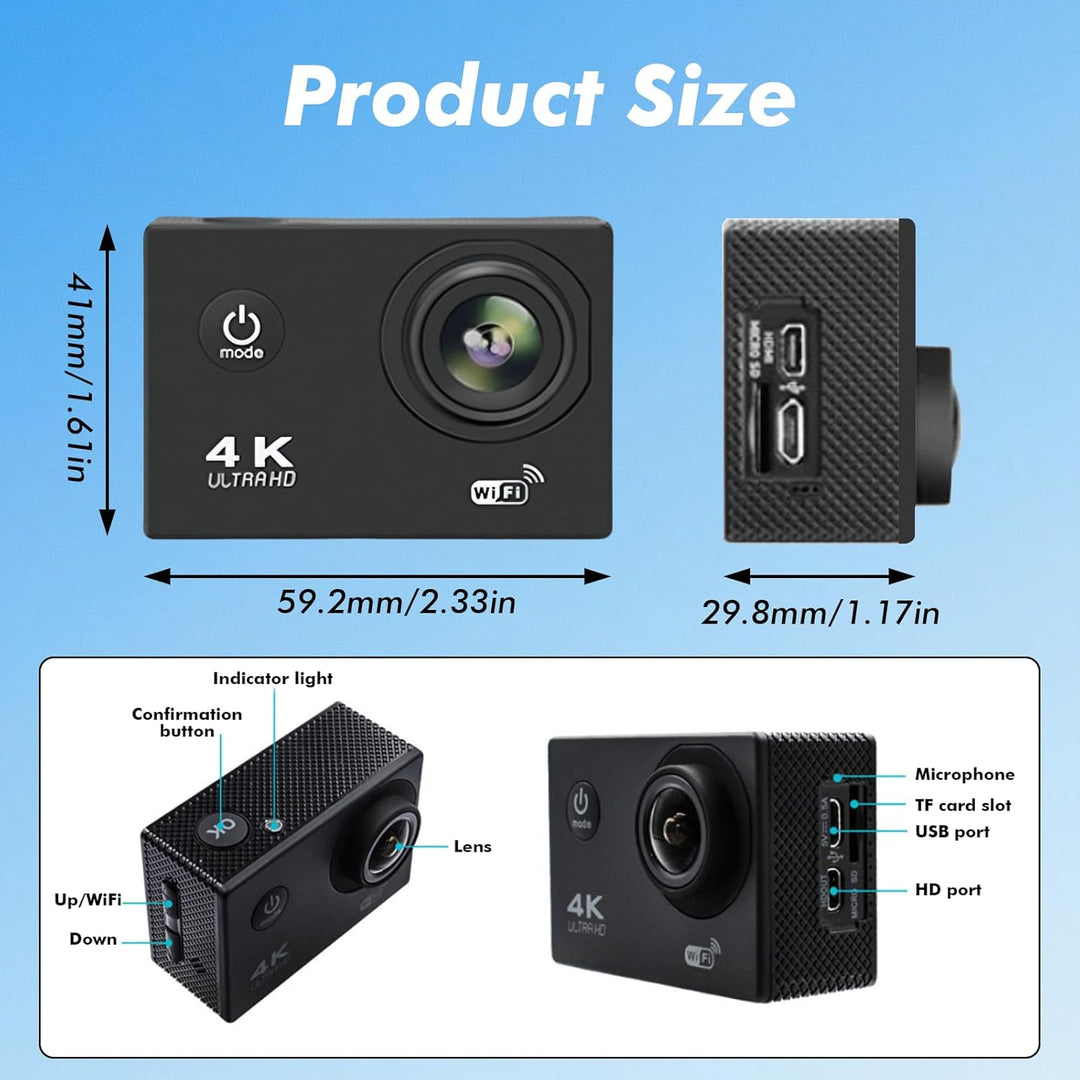 Action Cam 720P 30FPS mit 64GB Karte,20MP Unterwasserkamera bis 40m, Touchscreen,140° Weitwinkel Spo