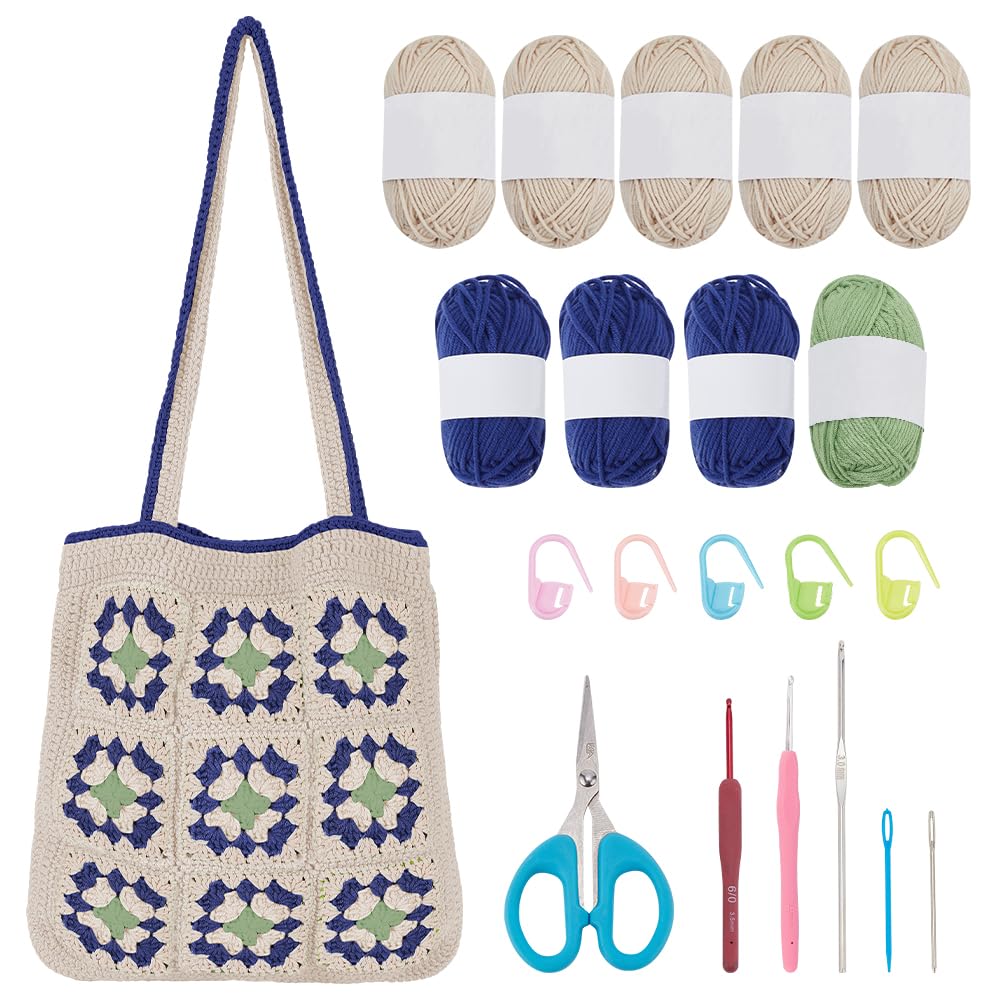 ORIGACH Häkel Tasche Set Für Anfänger, Granny Square Häkeltasche Häkelset, Häkelset für Erwachsene M