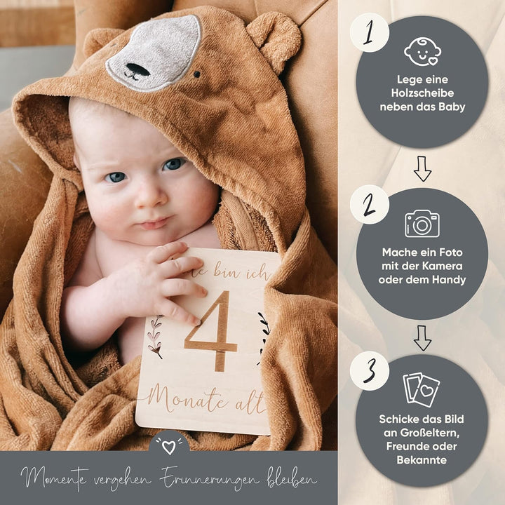 OLGS Holz Meilensteinkarten Baby | 40 Meilensteine mit Stoffbeutel | Geschenkidee für werdende Mütte
