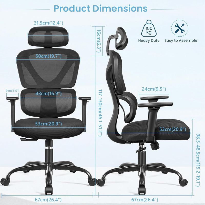 KERDOM Bürostuhl Ergonomischer Schreibtischstuhl,mit Verstellbarer Kopfstütze, Armlehnen, Lendenwirb