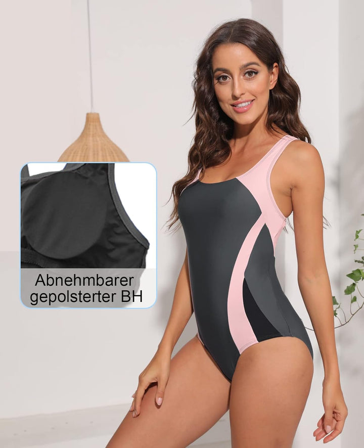 Halcurt Damen Sportlicher Einteiler Badeanzug Racer Back Schwimmanzug Figuroptimizer Bademode Grau/R