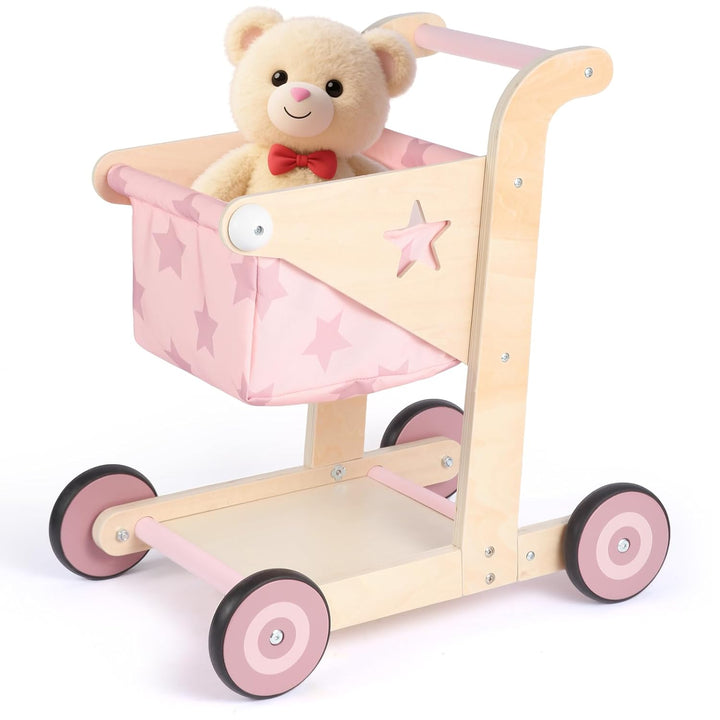 Asweets 2-in-1 Lauflernwagen Holz, Puppenwagen zum Schieben und Ziehen, Baby Walker, Kleinkindspielz