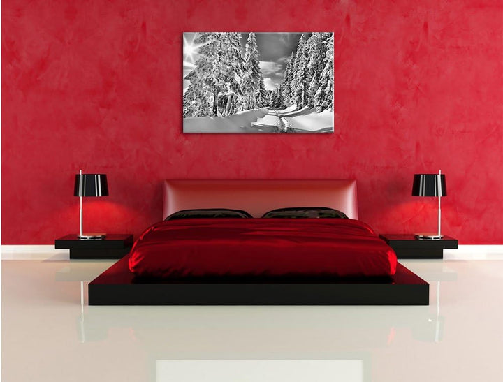 Pixxprint Monocrome, Winterlandschaft Bäume, Format: 100x70 auf Leinwand, 100x70