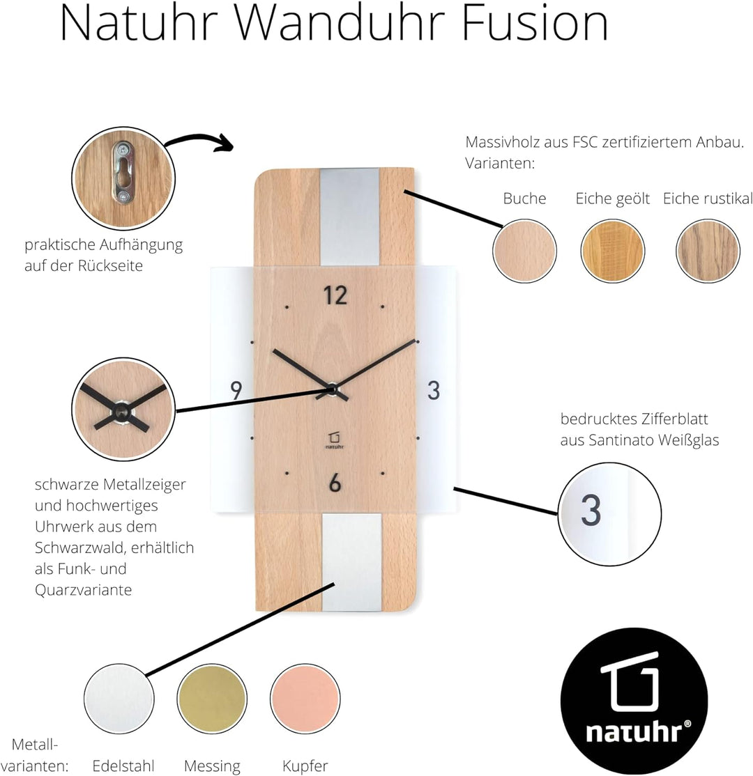 Natuhr Holz Metall Glas Wanduhr - Fusion - präzises Funk-Uhrwerk plastikfrei verpackt (Eiche geölt/K