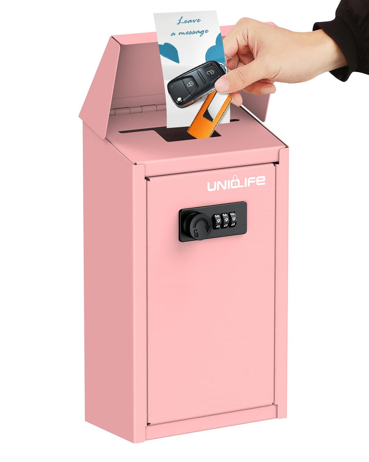 Uniclife Rosa Metall Wandbriefkasten mit Schlitz oben, Schlüssel-Dropbox mit Zahlenschloss für ausse