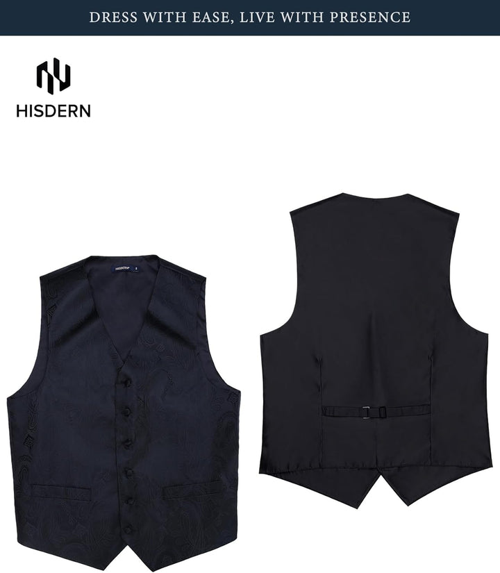 HISDERN Herren FLoral Hochzeit Weste Krawatte Einstecktuch Taschentuch Jacquard Weste Anzug Set XS S