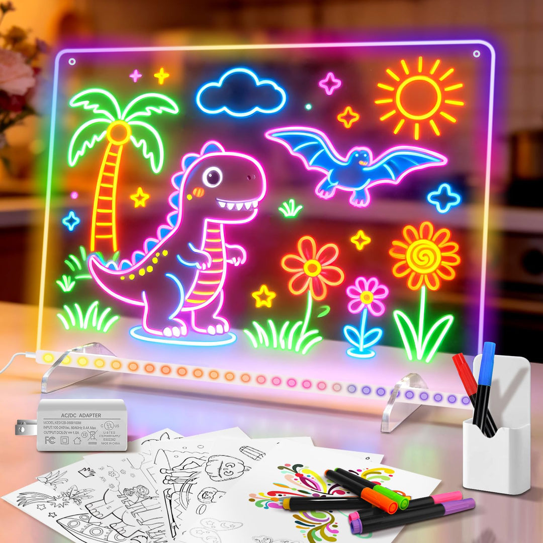 Leuchtendes LED Zeichenbrett für Kinder, Led Zeichentafel mit 13 Farben & 6 Modi mit Schalter 35x25