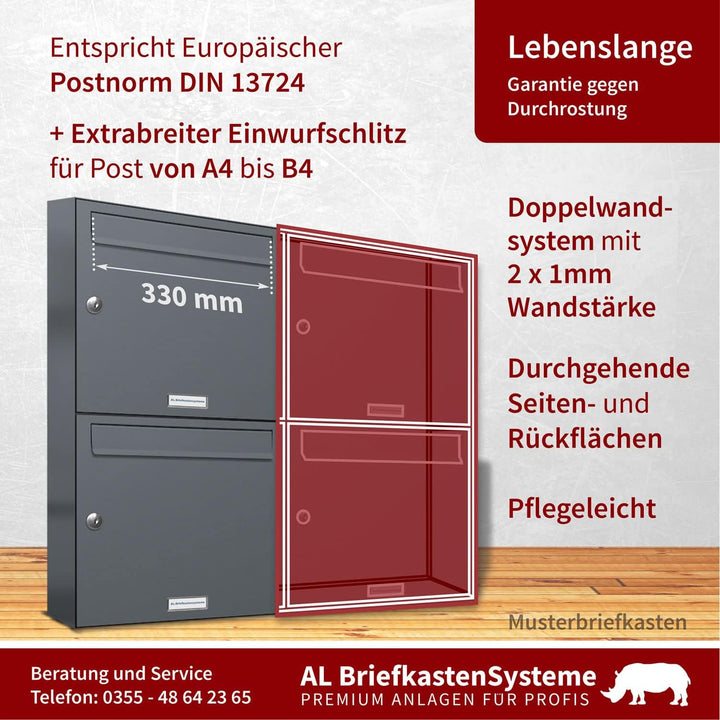 AL Briefkastensysteme 2er Briefkastenanlage Anthrazit Grau RAL 7016, Premium Doppel-Briefkasten DIN
