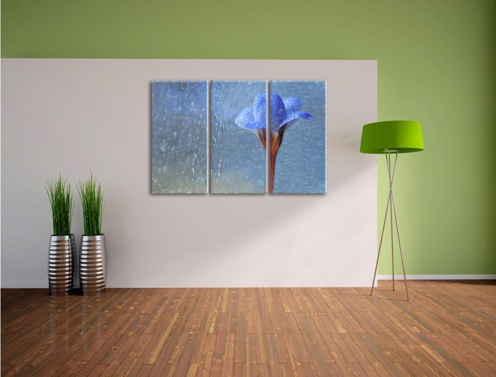 Pixxprint Blaue Frühlingsblume mit Tautropfen Kunst Buntstift Effekt 3-Teiler Leinwandbild 120x80 Bi