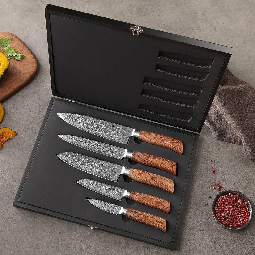 Wakoli EDIB Pro 5er Damastmesser-Set mit Messerblock I 8-20 cm Klingen gefertigt aus 67 Lagen echtem