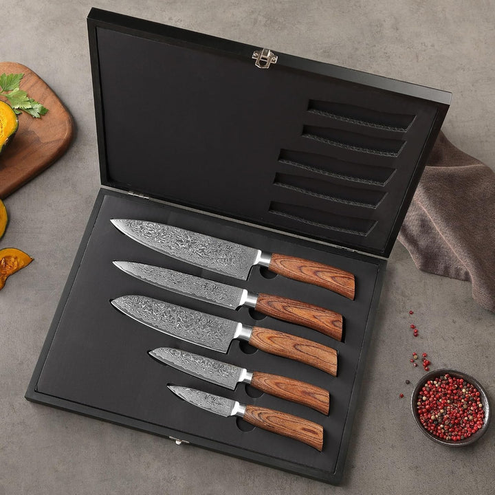 Wakoli EDIB Pro 5er Damastmesser-Set mit Messerblock I 8-20 cm Klingen gefertigt aus 67 Lagen echtem