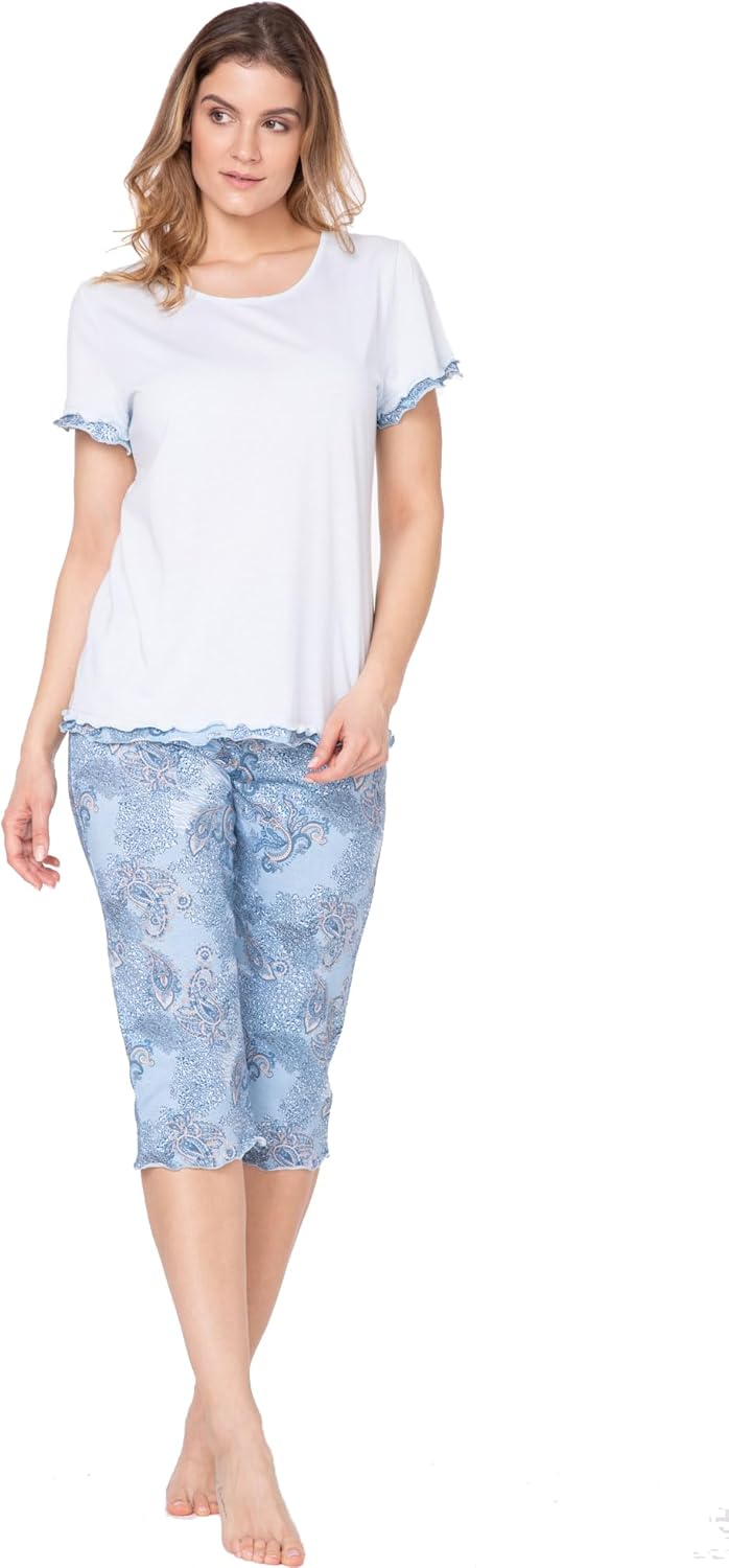 e.FEMME Damen Schlafanzug Marion 310, Kurzarm, aus 50% Baumwolle und 50% Modal 36 Blau/Druck, 36 Bla