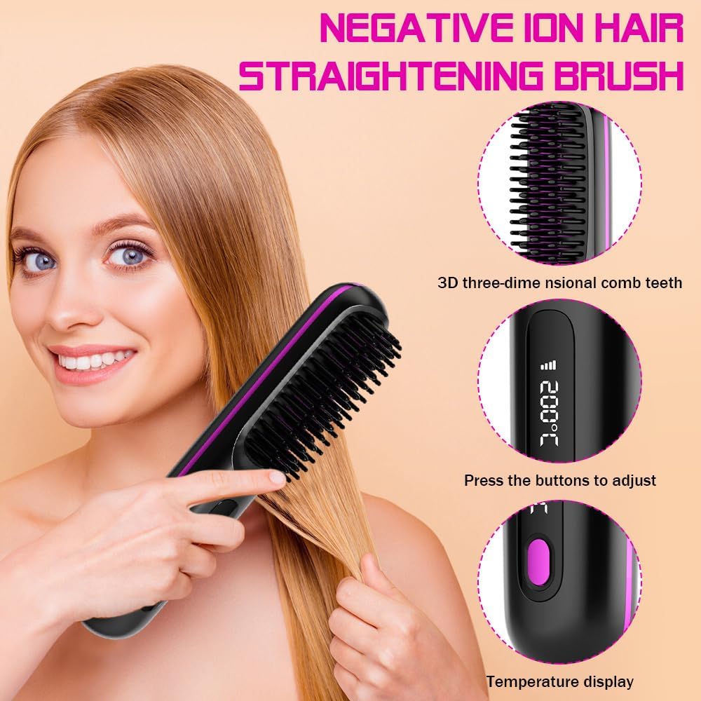 Stylingbürste für Kurze Haare, Haarbürste Elektrisch, Tragbare Glättbürste Kabellos mit LED-Anzeige,