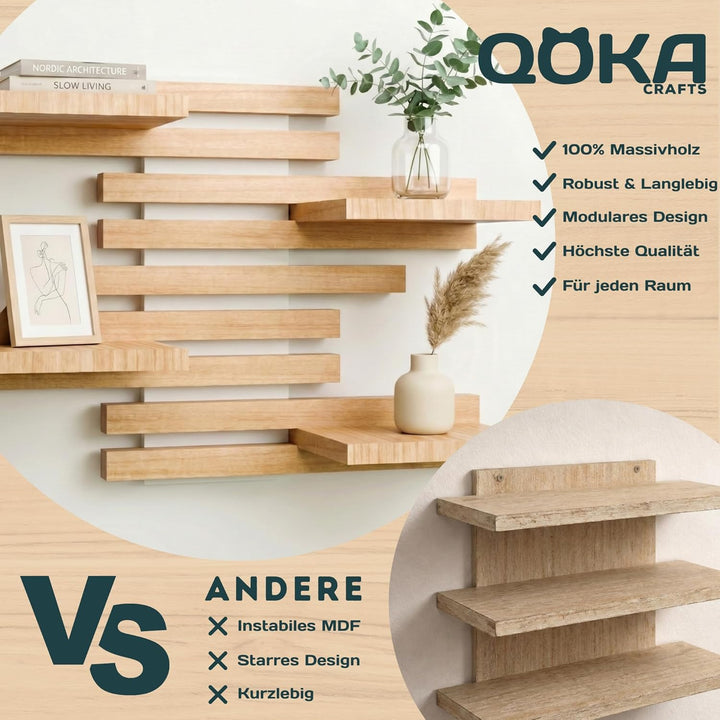 Wandregal Holz Hängend - Modulares Bücherregal Set aus Massivholz - Schwebendes Regalbrett für Wohnz