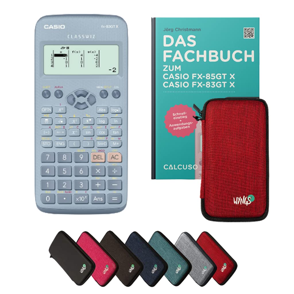 CALCUSO Standardpaket: Casio FX-83GT X Blau + WYNGS Schutztasche rot + Fachbuch von CALCUSO + Erweit