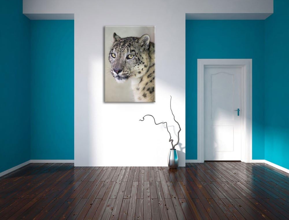 Pixxprint aufmerksamer Schneeleopard auf Leinwand, XXL riesige Bilder fertig gerahmt mit Keilrahmen,