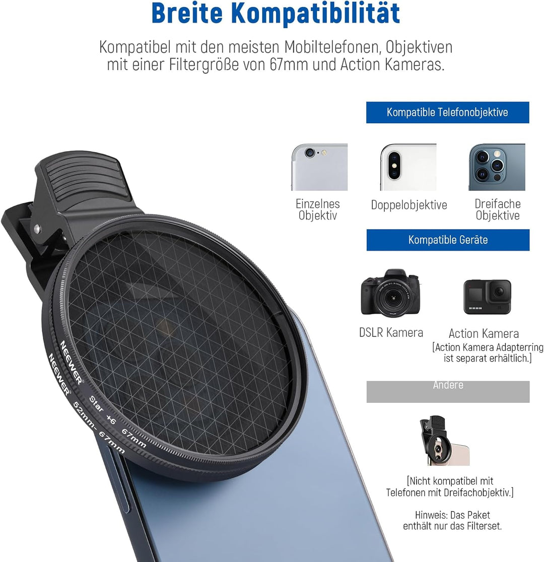 NEEWER 67mm ND+CPL+Effekt Filter Set mit Handy Phone Objektiv Klammer, Polfilter ND32, 6 Punkt Stern
